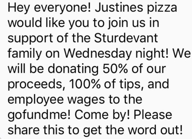 Justines Pizza helps local family