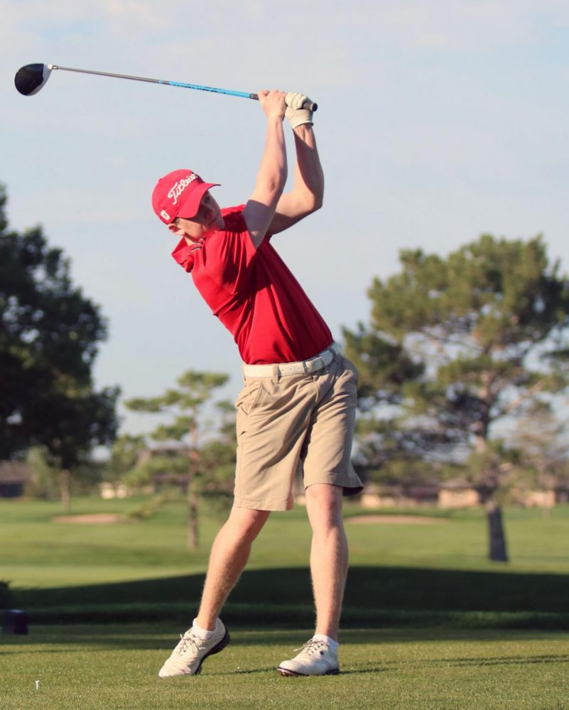 Peter Grossenbacher tees off on the opening round of the Eaton Invitational Golf Tournament on Thurs. August 17.