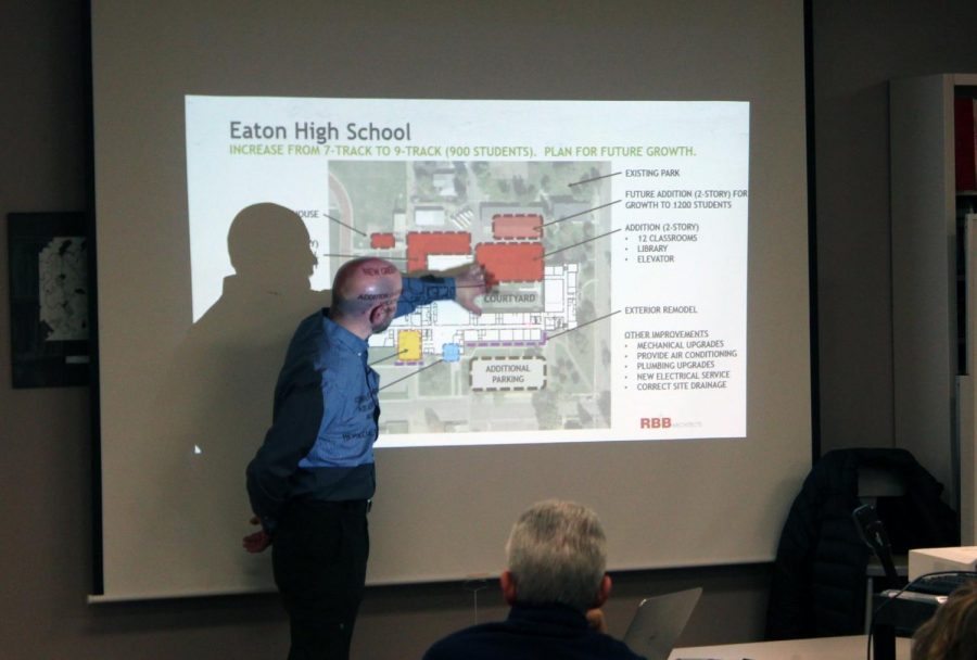 Matt Arabasz presents the plans for the high school to the Long Range Facilities Planning Committee. 