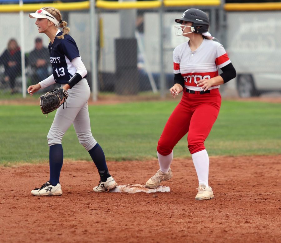 Brooke Beacom (22) steps on second after smacking a double to the wall