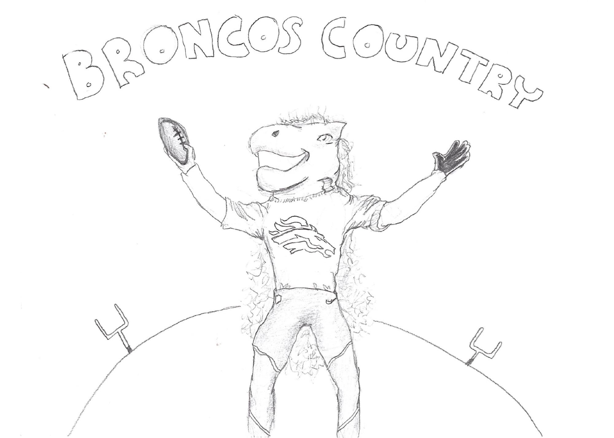 Drawing of the Broncos mascot scoring a touchdown